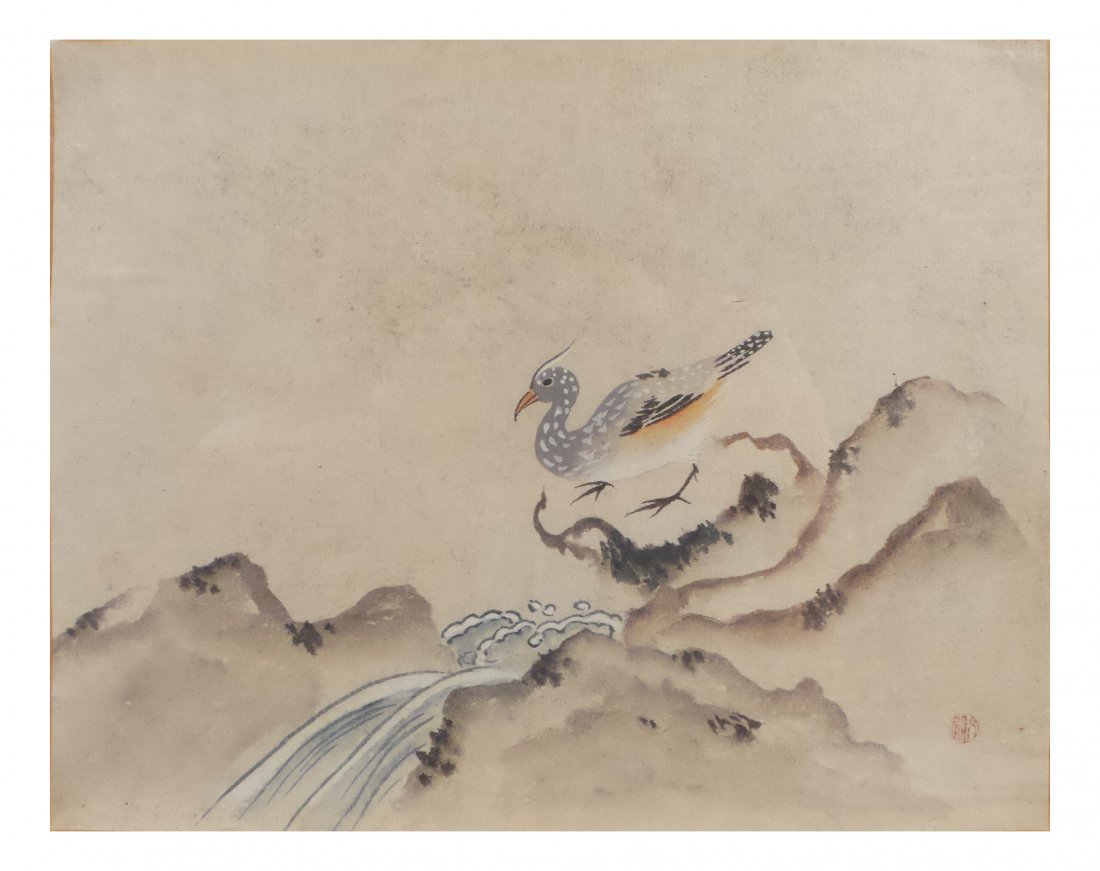 Wen Tien, Watercolor - Bird Near Stream: Watercolor on paper. Depicts a bird on a tree near a stream. Stamped in red bottom right. [Sight: 7 1/2" x 9 3/4"; Frame: 12 3/4" x 15"]. Glass bears Plaza label 221 and grease pencil inventory markin