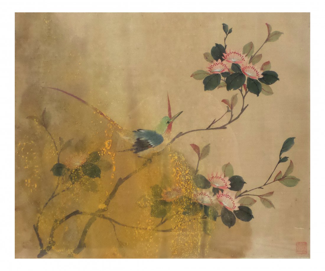 Watercolor on Silk - Bird on Branch (1 of 6)