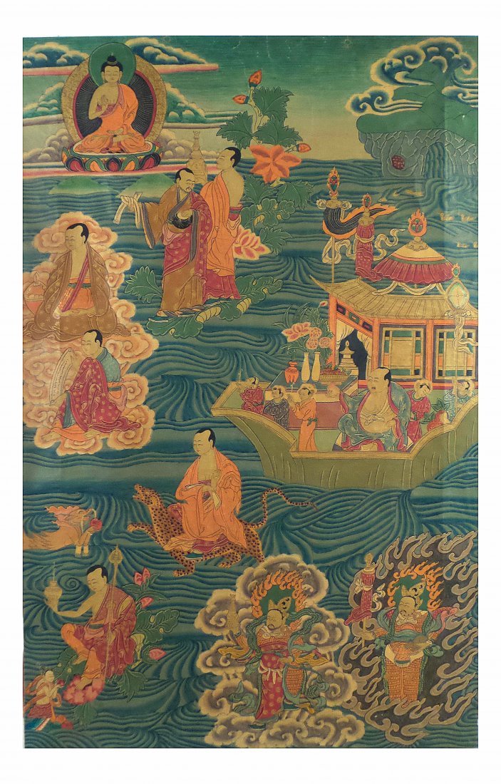 Painting on Paper - Buddhist Scene: Unframed painting on thin paper depicting Buddhist scene with multiple deities and figures. Signed calligraphically in ink on verso. [Art: 28 1/2" x 18 1/2"]. Bears Phillips label: 98/5; and inventory