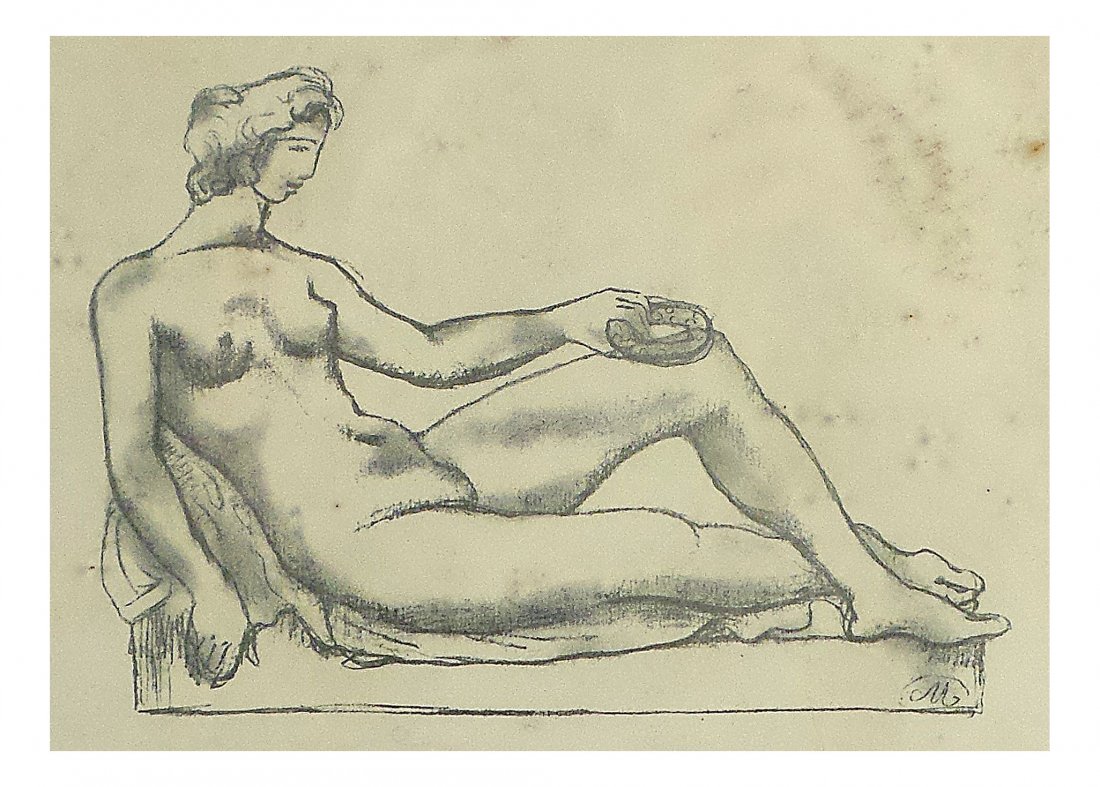 A. Maillol, Lithograph - Nude: Aristide Maillol. Lithograph depicting a recumbent nude. Signed calligraphically in the plate, as well as in pencil lower right. Numbered lower right, "24/50". [Sight: 9 3/4" x 13 1/2"; Frame: 16" x 2