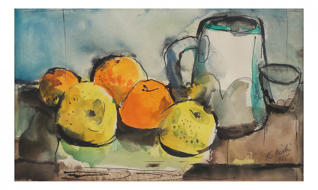 Ken Nishi, Watercolor - "Fruit and Glass": Watercolor on paper. Still life depicting fruit, pitcher, and glass. 1965. Signed and dated lower right "K. Nishi 1965" and titled "Fruit and Glass" in pencil on matte. [Sight: 6 1/2" x 10"; Frame: 17