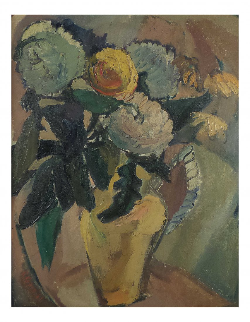 R. Kuper, Oil on Canvas - Still Life: Rose Kuper. Fauvist oil on canvas still life of a vase with flowers. Signed lower left in red, "R. Kuper '41". [Sight: 19 1/2" x 15 1/2"; Frame: 25 1/2" x 21 3/4"]. Soiling, otherwise good condition.