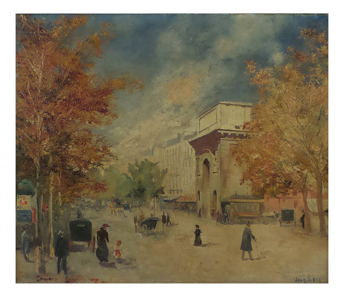 Jean Lery, Oil on Canvas - Paris: Impressionist oil on canvas depicting Parisian 'Belle Epoque' street scene. Signed lower right, "Jean Lery". [Sight: 17 3/4" x 21 1/4"; Frame: 24 1/2" x 28"]. Verso bears PB84 label: Sale 730, Lot 106