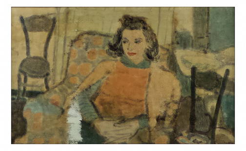 Eric Isenburger - "Jula in Nice": Oil on silk depicting a woman in a chair titled, "Jula in Nice". Signed lower right, "Isenburger". Stretcher titled and numbered, "Catalogue #46, Jula in Nice 1941, Eric Isenberger". [Sight: 12 1/4" x