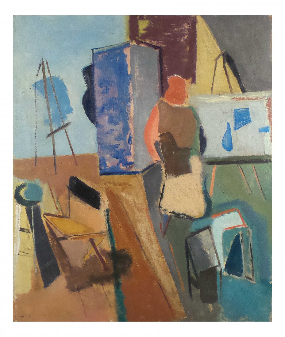 Oil on Canvas - Artist in Studio: Unframed modern oil on canvas in the manner of Stuart Davis, depicting an artist in the studio. Unsigned. Dated lower left, "1949". [Art: 24" x 20"]. Severe frame rubbing, frame impression, soiling.