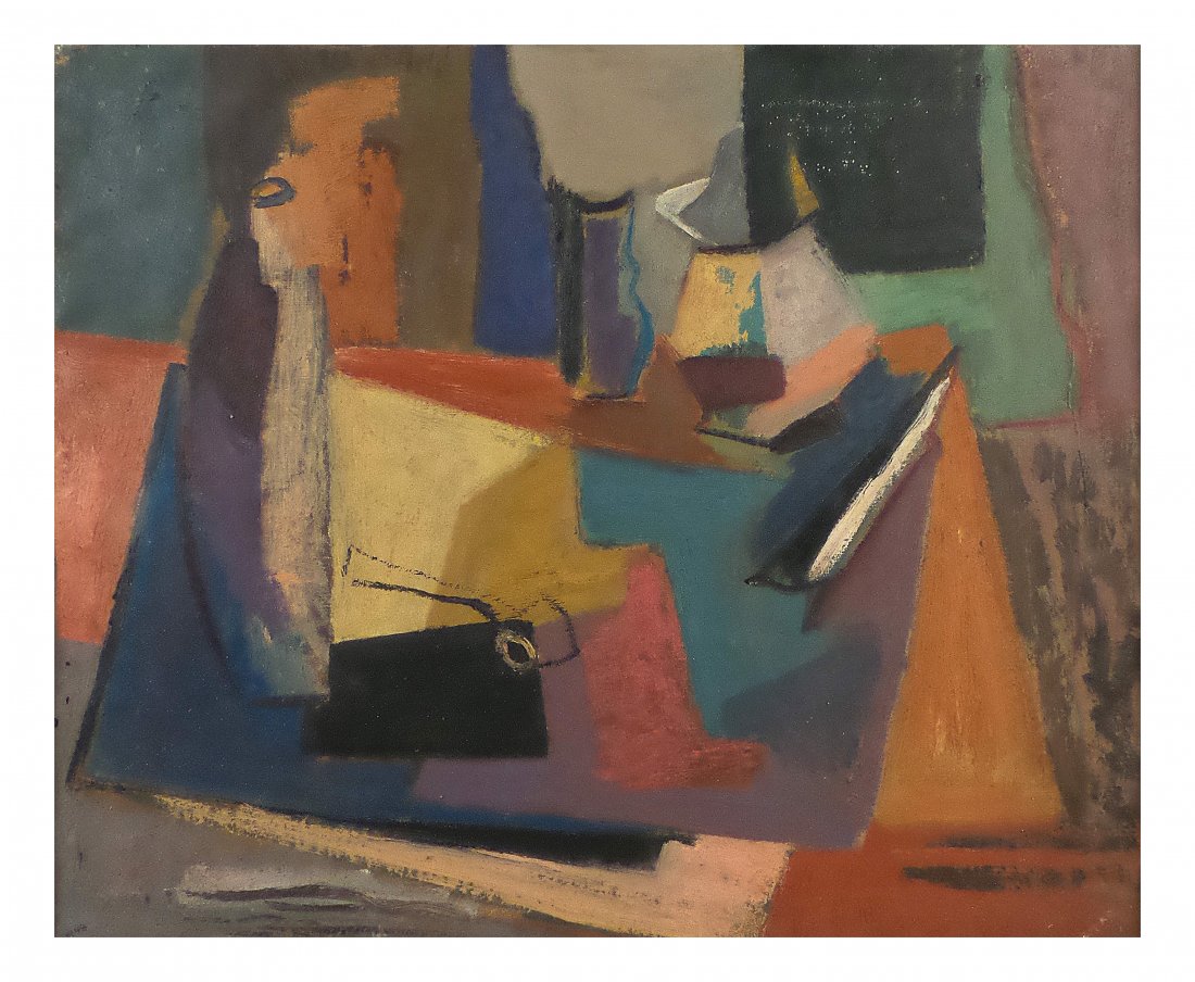 Oil on Canvas - Still Life: Modern oil on canvas still life in the manner of Stuart Davis. Unsigned. Dated lower left, "1948". [Sight: 19 1/2" x 23 5/8"; Frame: 23 1/4" x 27 1/4"]. Soiling, minor abrasions, frame rubbing.