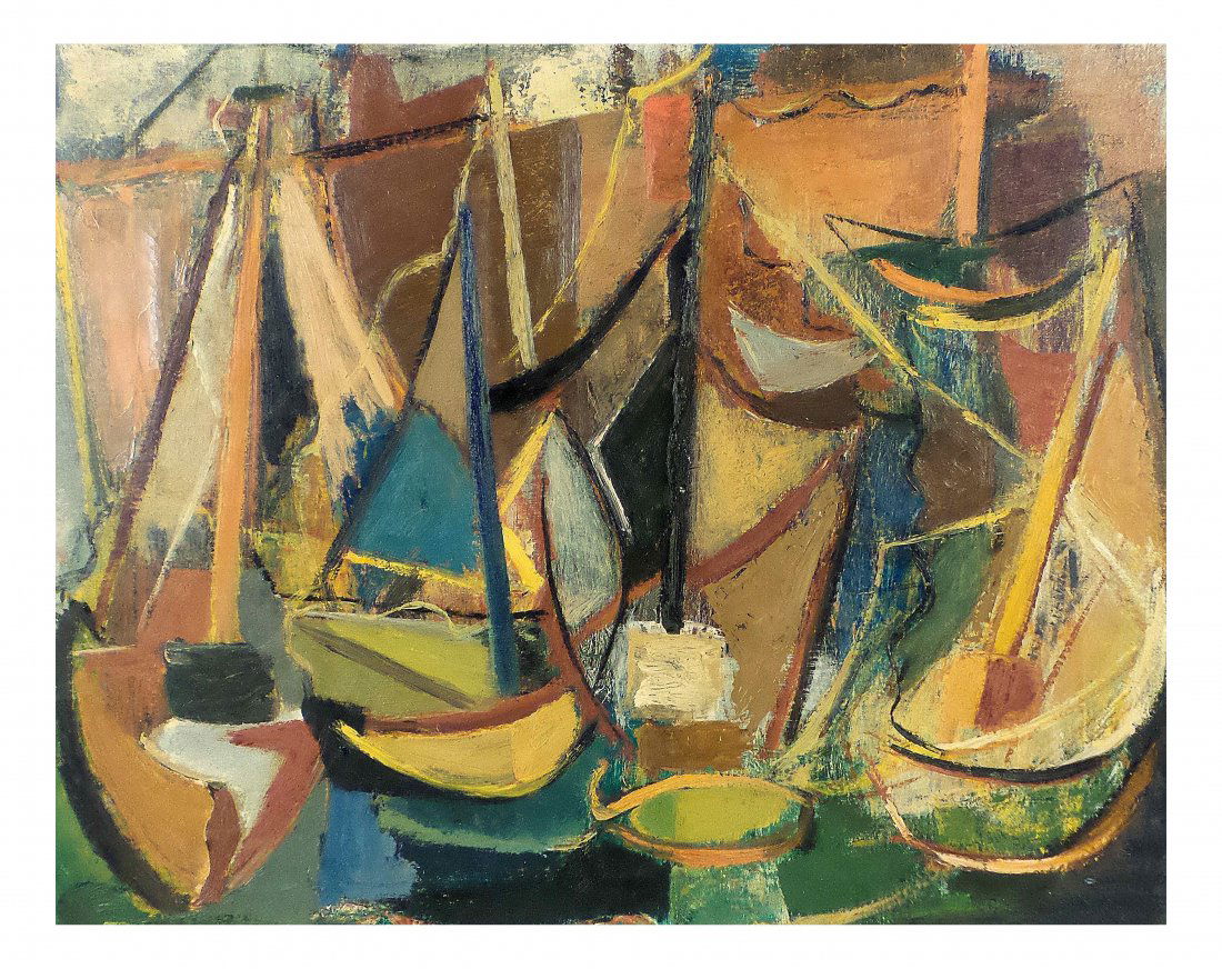 Oil on Canvas - Boats: Unframed modern oil on canvas in the manner of Stuart Davis, still life. Unsigned. [Art: 16" x 20"]. Verso bears chalk auction marking; inscribed on stretcher in pencil, "Steinberger". Soiling, minor