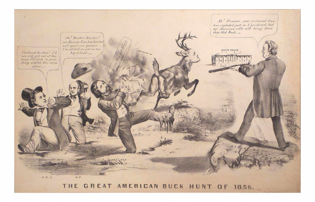 N. Currier - "The Great American Buck Hunt of 1856": Campaign lithograph published by Nathaniel Currier, 1856 favoring Millard Fillmore, titled "The Great American Buck Hunt of 1856". A "buck" (James Buchanan) runs toward the White House, as the two riv