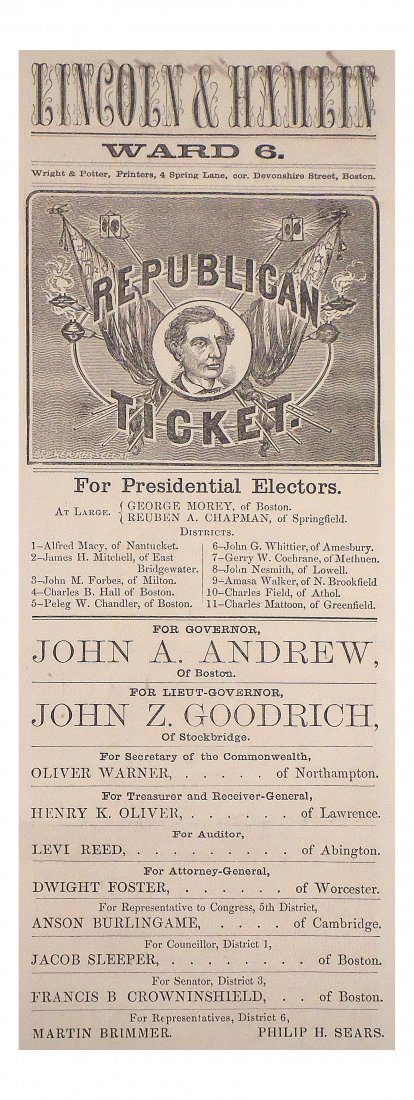 Lincoln & Hamlin - 1860 Massachusetts Election Ticket: 1860 paper ballot from Massachusetts. Headed "Lincoln & Hamlin / Ward 6 / Republican Ticket." Features an engraving naive portrait of Abraham Lincoln flanked by flags, torches and lanterns, signed in 