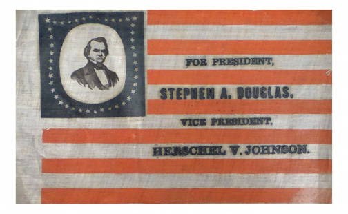 Douglas & Johnson - 1860 Pictorial Campaign Flag: Glazed cotton flag printed in blue "For President / Stephen A. Douglas / Vice President / Herschel V. Johnson". Blue field at top left bears a bust-length portrait of Douglas in a 3/4 profile pose con