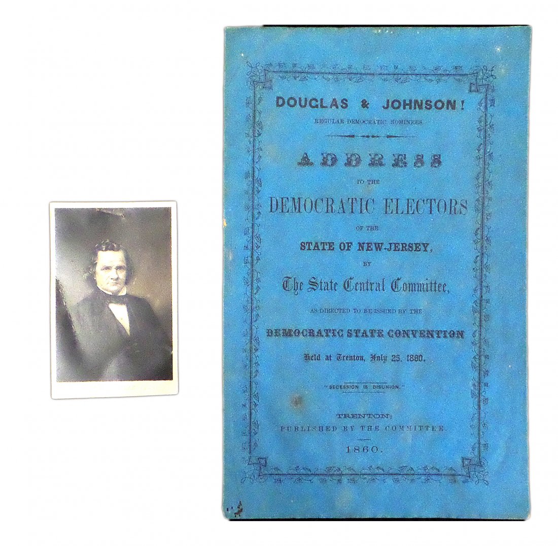 Stephen Douglas - Portrait and 1860 Pamphlet: Comprises 1.) Waist-length, 3/4 profile, portrait of Stephen A. Douglas imprinted at bottom "S. A. Douglas." [3-5/8" H x 2-3/8" W]. Surface abrasions, creases, and age-toning. 2.) Pamphlet titled "Dou