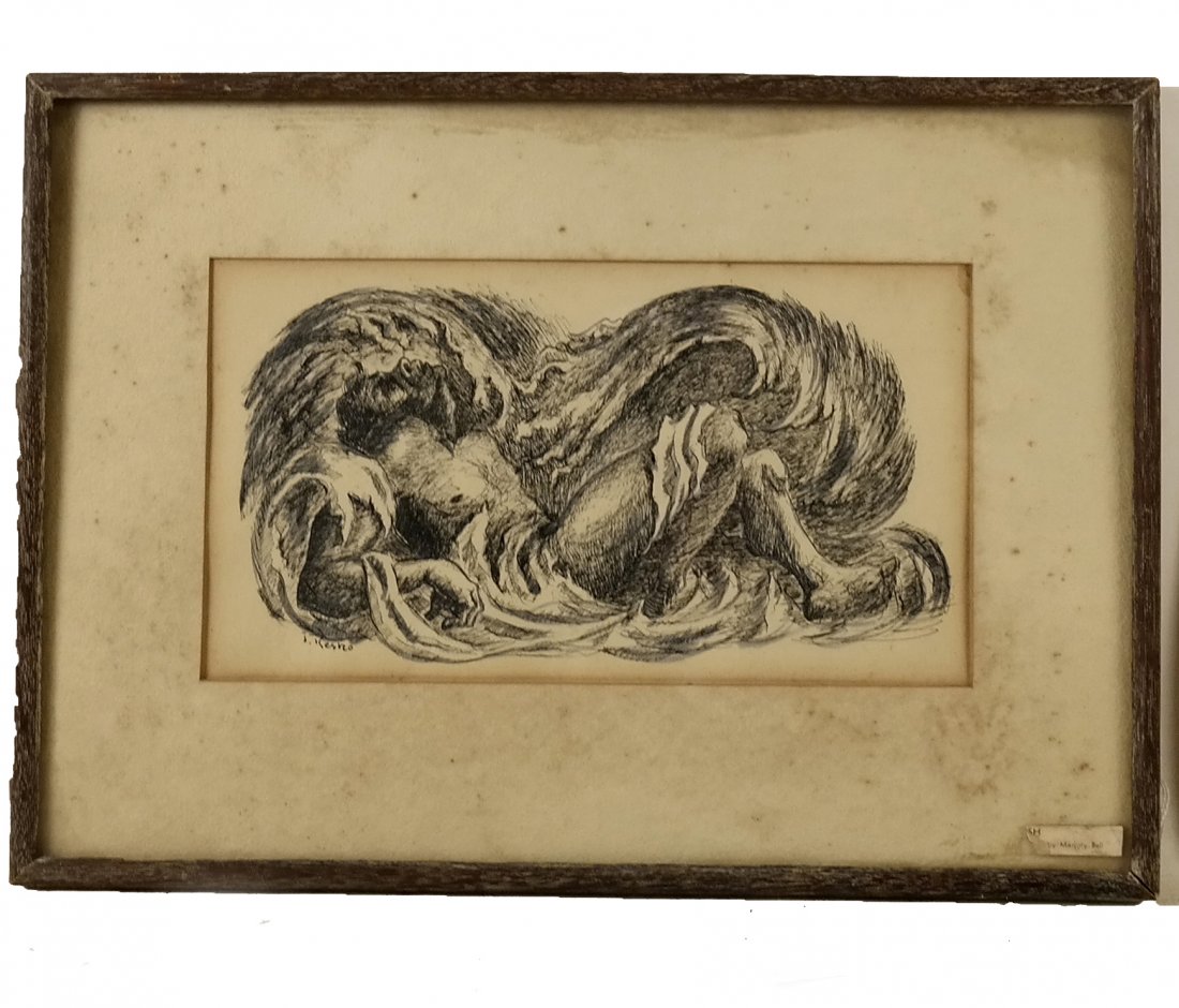 Two Works of Art, Etching and Print: Two works of art comprising: 1.) Etching depicting a reclining male. Signed "J. Resko", lower left. [Sight: 6" H x 10 1/2" W; Frame: 11" H x 15 1/2" W]. Overall toning, mat burn on all sides. 2.) Prin