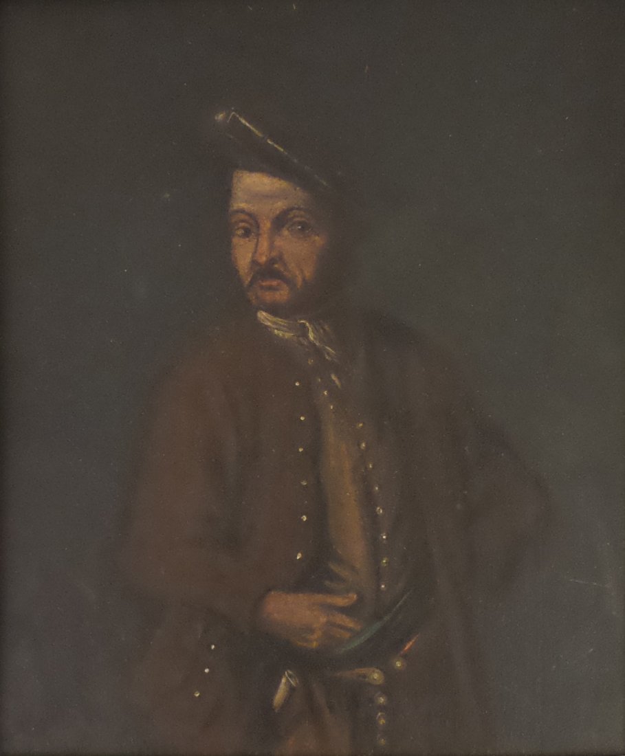 Portrait of a Man, Oil on Wood Panel: Oil on wood panel portrait of a man. Illegibly signed verso upper right, illegibly stamped verso lower right. [Sight: 8 3/4" H x 7 1/2" W; Frame: 13" H x 12" W].