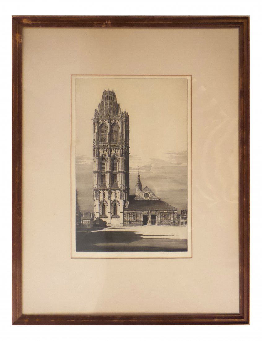 John Taylor Arms, "Aspiration...": John Taylor Arms (1887-1953). Signed and dated "John Taylor Arms, 1939", lower right. Annotated "V", lower left. Marked "Aspiration, La Meadelein". Matted and framed. [Sight: 16 1/2" H x 10 3/4"; Fram