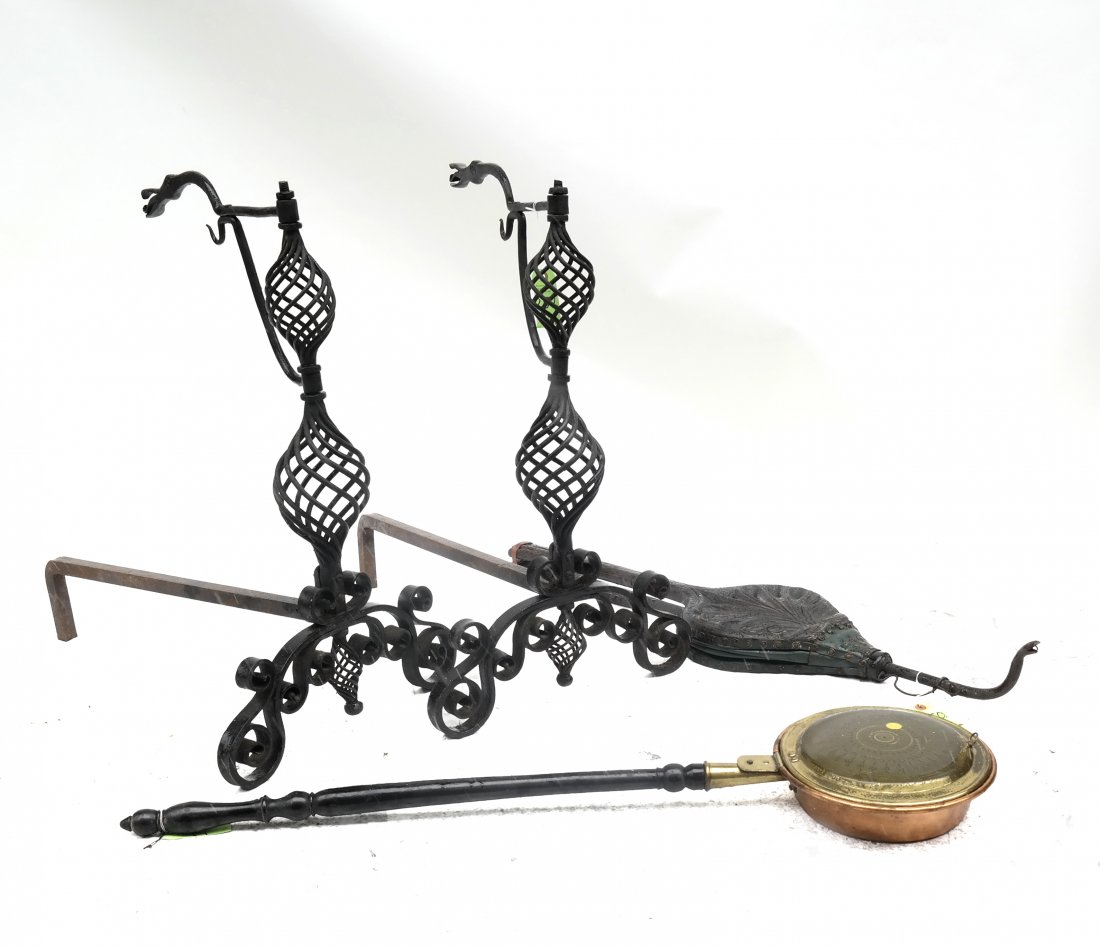Pair of Andirons, Bellows, Bed Warmer (1 of 4)
