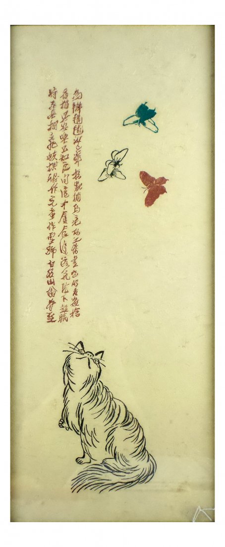 Chinese School, Cat with Butterflies: Linocut on homemade paper depicting a cat with butterflies. Chinese School. Calligraphic markings upper left. Unsigned. "Clement Art Shop, Troy NY" label. [Sight: 26 1/4" x 10 1/2"; Frame: 27 1/2"; x 