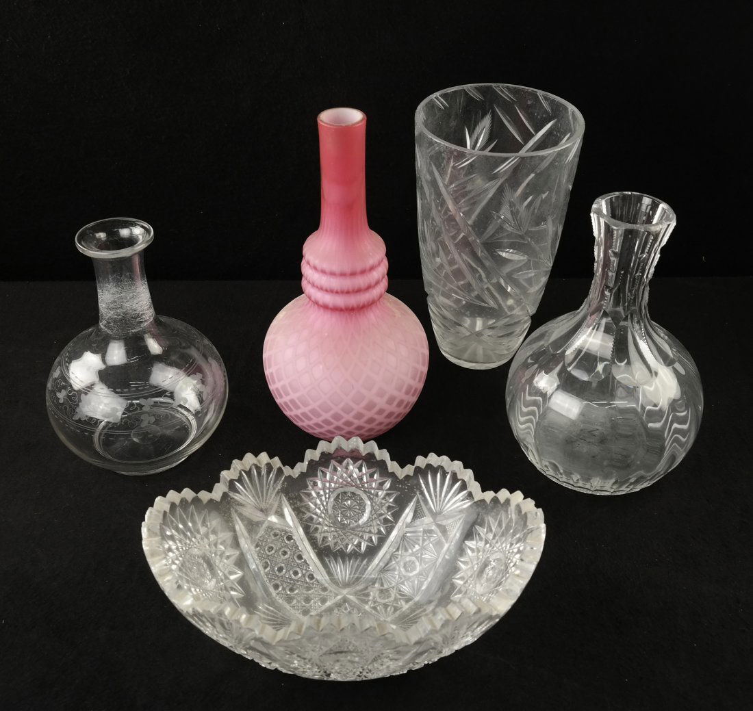Five Vintage Glass Articles: Features a Thomas Webb pink quilted satin glass vase with three blown rings at neck. [11" H]. Two decanters with no stoppers, cut glass vase and bowl. Webb vase in good condition. Scratches and small