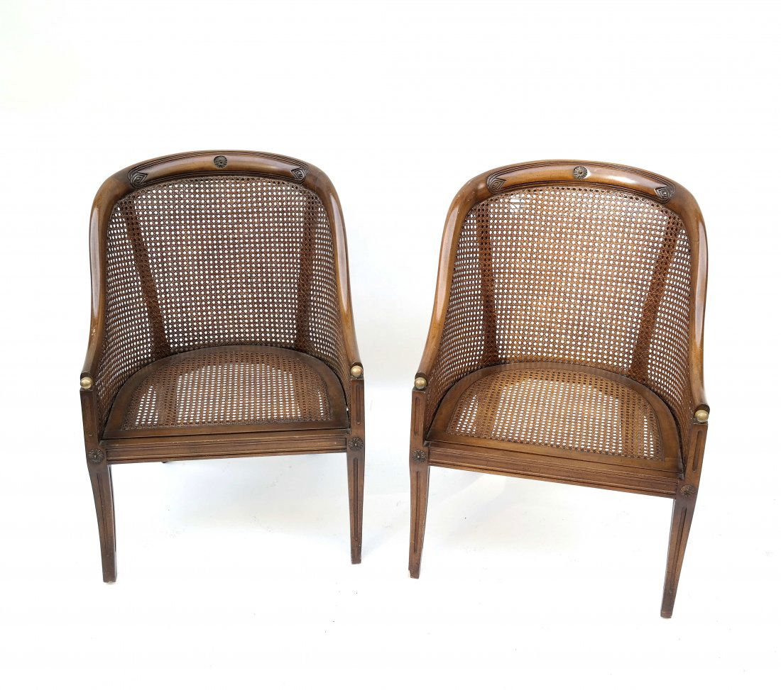 Pair of 1940's Louis XVI-Style Chairs: Barrel back fruitwood chairs with caned back and sides. [22 1/2" W x 20" D x 38" H; 13" H to seat]. Scratches and scuffs.
