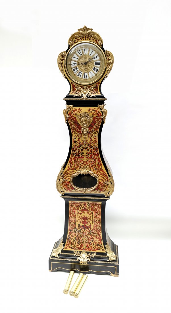 Louis XV-Style Faux Boulle Clock: Ornate Louis XV-style faux boulle standing clock with ormolu mounts. [Approx. 80 1/2" H]. Losses to veneer, some brass requiring restoration.