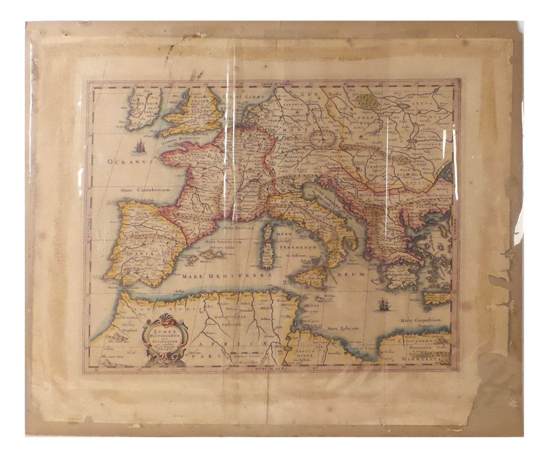 Map of Europe, Hand-Colored Engraving: Hand-colored engraving of a map of Europe. [Sheet: 20" H x 24" W]. Mounted and glued down. Mat burn, losses to corners and edges. Overall toning and glue residue at borders.