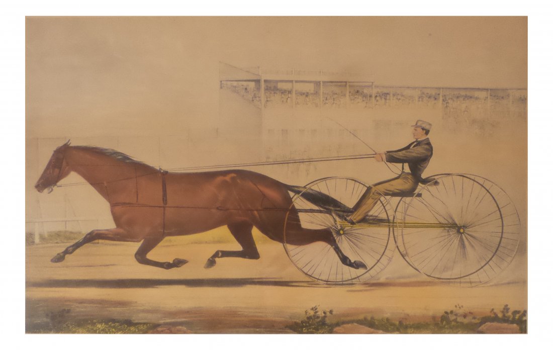 Currier and Ives, Lady Thorn: Framed print titled "Lady Thorn", celebrated trotting mare formerly "Maid of Ashland". [Sight: 11 1/2" x 15 1/2"; Frame: 14 3/8" x 18 3/8"]. Age-toning.