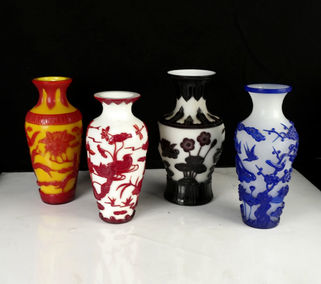 Four Carved Peking Glass Vases (1 of 7)