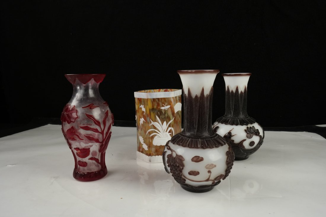 Four Carved Peking Cased Glass Vases (1 of 7)