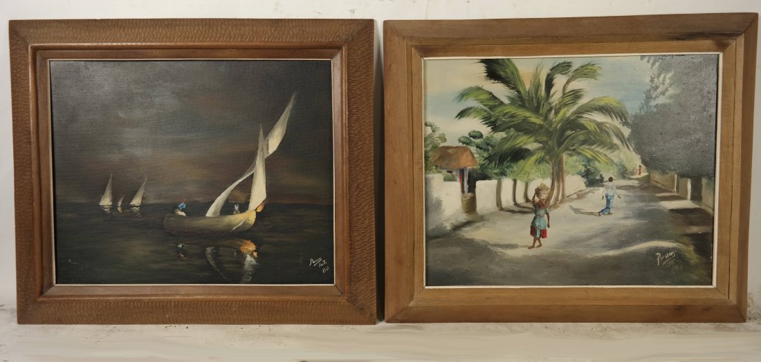 Pair of Poisson Paintings: 1.) Oil on art board depicting figures on a village street. Signed lower right "Poisson/ Haiti/1967." Marked on Verso "Bought at Nader's Art Gallery, P.O. Box 962 Port Au Prince, Haiti, W-1" [Art: 15 
