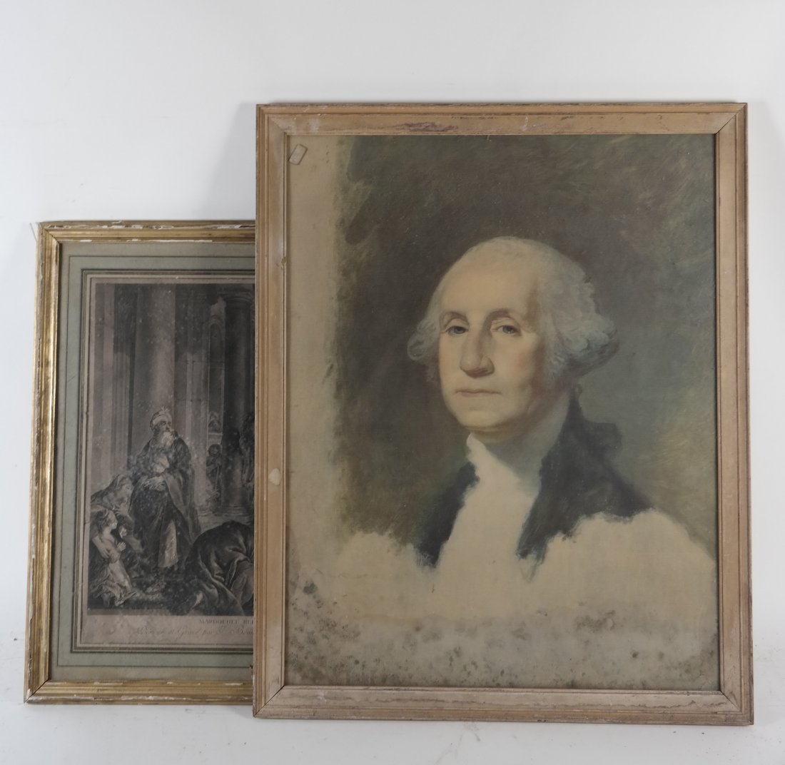Two Prints, Washington & Biblical Scene: 1.) Copy of Gilbert Stuart "George Washington". [Sight: 27 1/2" x 21 1/2; Frame: 30 1/2" x 24 1/2"]. Age-toning. 2.) Biblical scene depicting Mordecai refusing to kneel before Haman. Matted and framed
