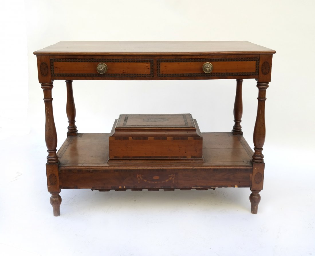 English Two-Tier Table: 19th century inlaid table having a hinged box on the lower tier. [38" L x 21" D x 29" H]. Good condition.