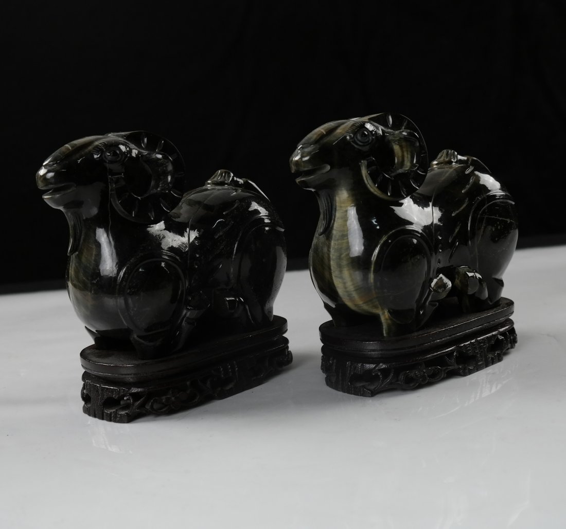 Pair of Chinese Carved Tiger's Eye Rams (1 of 8)
