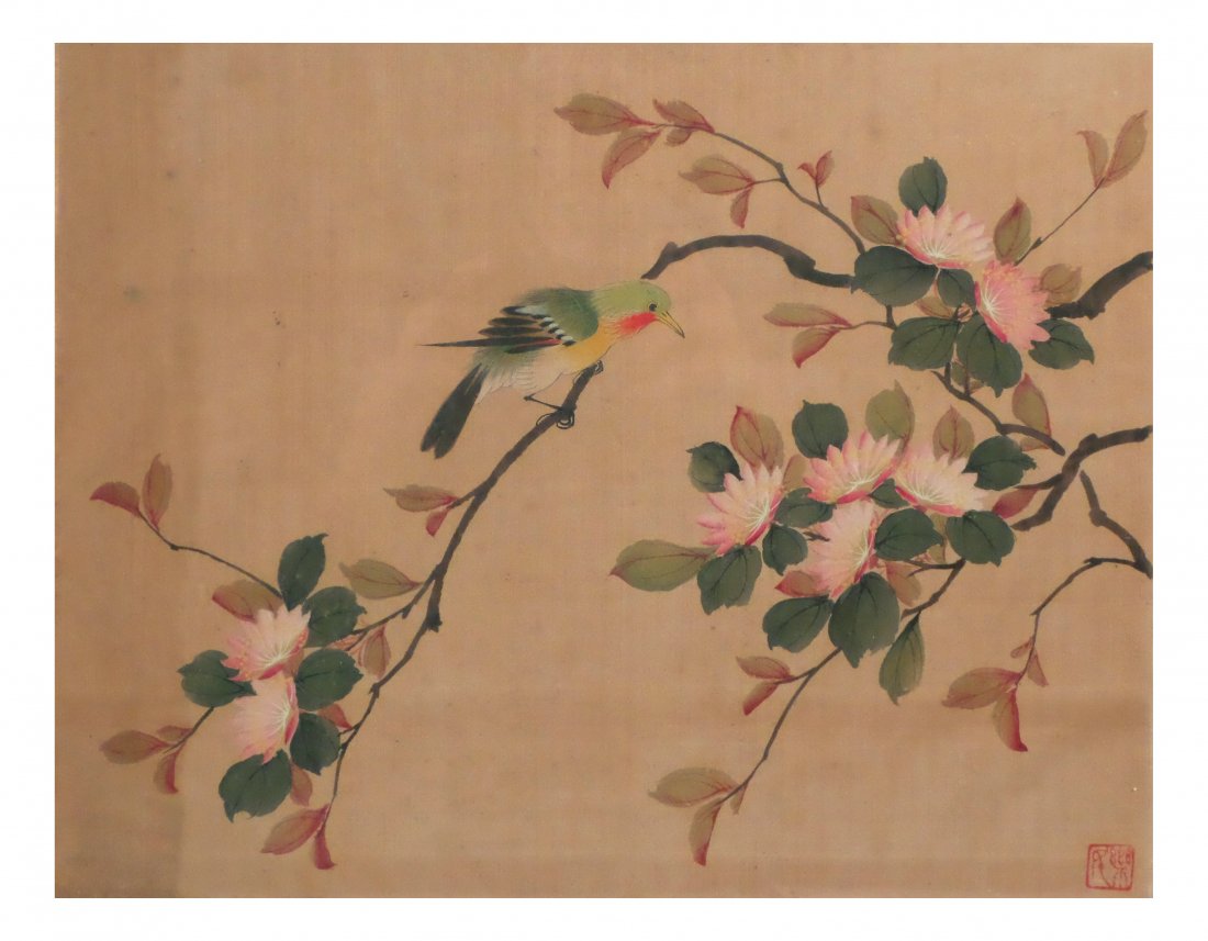 Watercolor on Silk - Bird on Branch: Chinese watercolor on silk depicting a bird on a branch. [Art: 11 1/4" x14 1/4"; Frame: 14 3/4" x 18 1/2"]. Stamped in red bottom right with cipher. Left side shows water staining. Verso bears Anton's