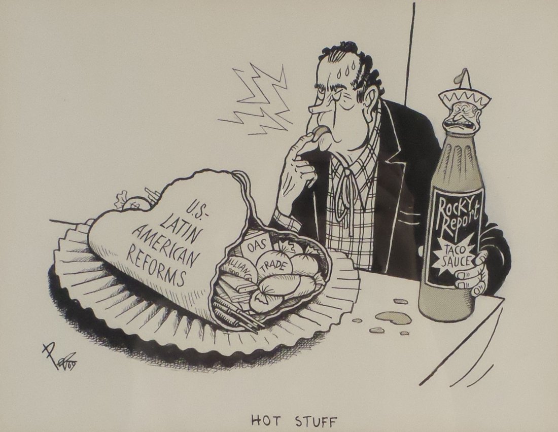 "Hot Stuff" Print, Political Satire: "Hot Stuff" political cartoon print of President Nixon. Illegibly signed lower left. [Sight: 10" H x 13" W; Frame: 17" H x 21" W]. In fair condition, slight toning, mat burn, and discoloration. Not ex