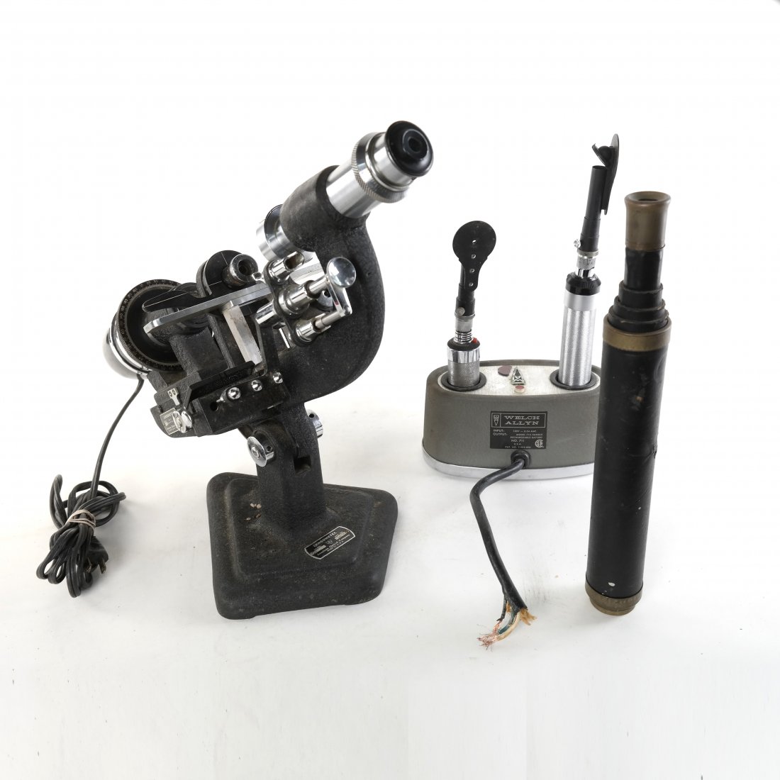 Opthamologist Equipment and Telescope: Opthamolgical equipment and telescope. [15" x 20"; 12" x 7"]. Not tested.