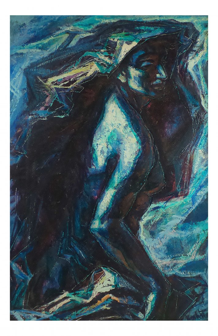 U. Romano, "Flight in the Night": Umberto Romano. Late 20th century oil on board depicting a female nude titled, "Flight in the Night". Signed lower right, "Umberto Romano". Signed and titled on verso in felt tip. [Art: 36" x 24"; Fra