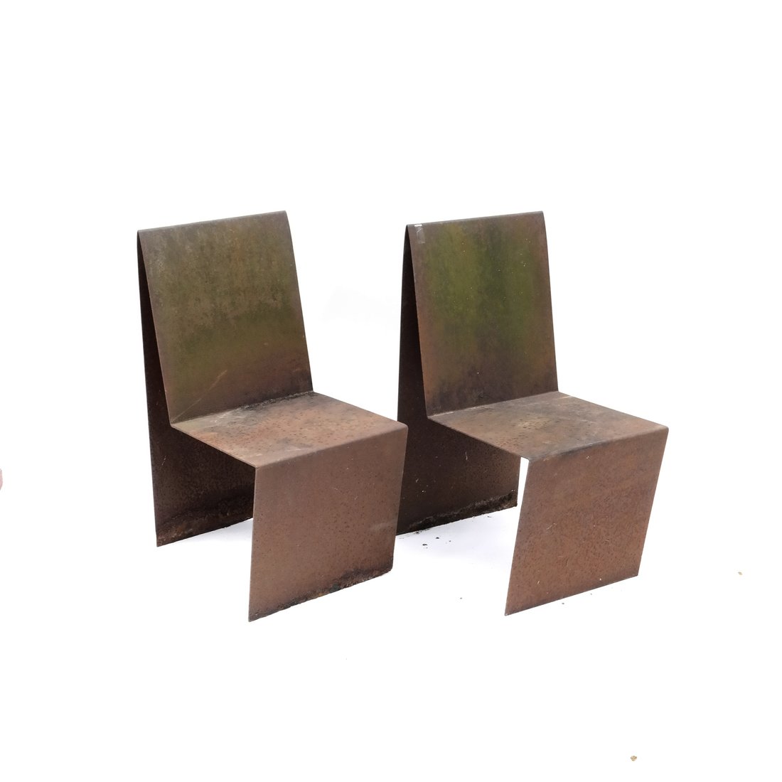 Pair of Modern Sculptural Iron Chairs: Pair of modern sculptural iron chairs. [16" W x 21 1/2" L x 53" H; 21 1/2" deep]. Minor rust and distressed surface, structurally sound.