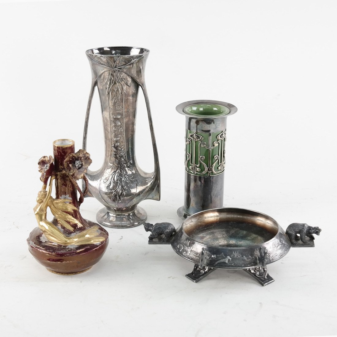 Three Vases and One Footed Tray: Comprises: 1.) Silver plate and ceramic vase. 2.) Pewter vase. 3.) Silver plate "Rogers-Smith & Co." footed tray with bear-form motif. 4.) Art Nouveau-style ceramic vase with a female nude applique. M