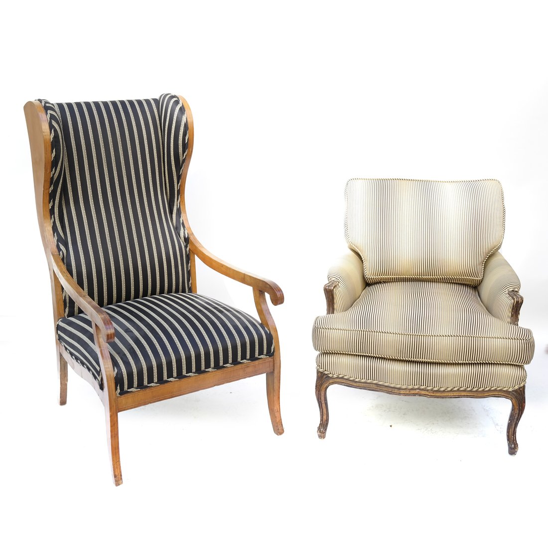Antique Provencial Wing Chair, Bergere: Group of two chairs comprising: 1.) 19th century English pencil inlay wing chair with black and creme striped upholstery. 2.) Provencial-style striped upholstered chair. [25 " W x 32" D x 46" H x 15" 