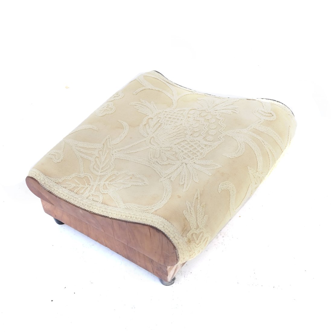 Biedermeier-Style Footstool: Floral beige upholstered footstool. [13" W x 12 1/2" D x 6" H].