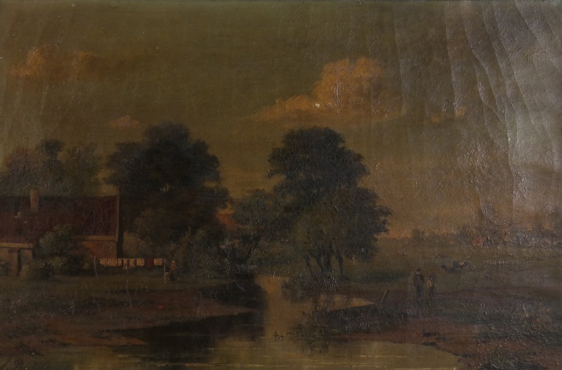 A. Poelkerke, Landscape - Oil on Canvas: Oil on canvas depicting a landscape, signed "A. Poelkerke" lower left. Verso bears "View in Gelderland Holland 1881". [Sight: 12" H x 17 3/4"; Frame: 21 1/2" H x 27 3/4" W]. 1/2" chip upper right, oth