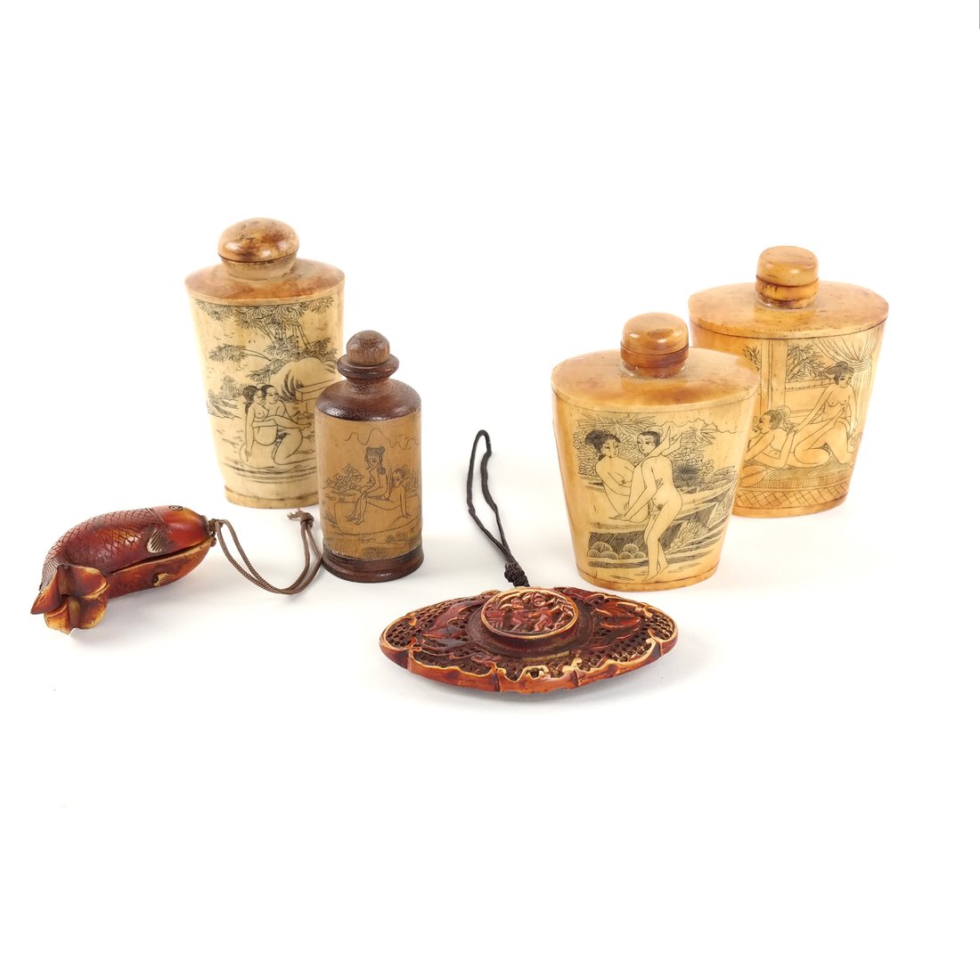 Six Japanese Okimono or Snuff Bottles: Six Japanese articles including four various snuff bottles with covers, a fish-form netsuke, and a lozenge-form netsuke, all carved with erotic scenes. [2 1/2" to 3 1/2" L]. Few minor losses to fish, 