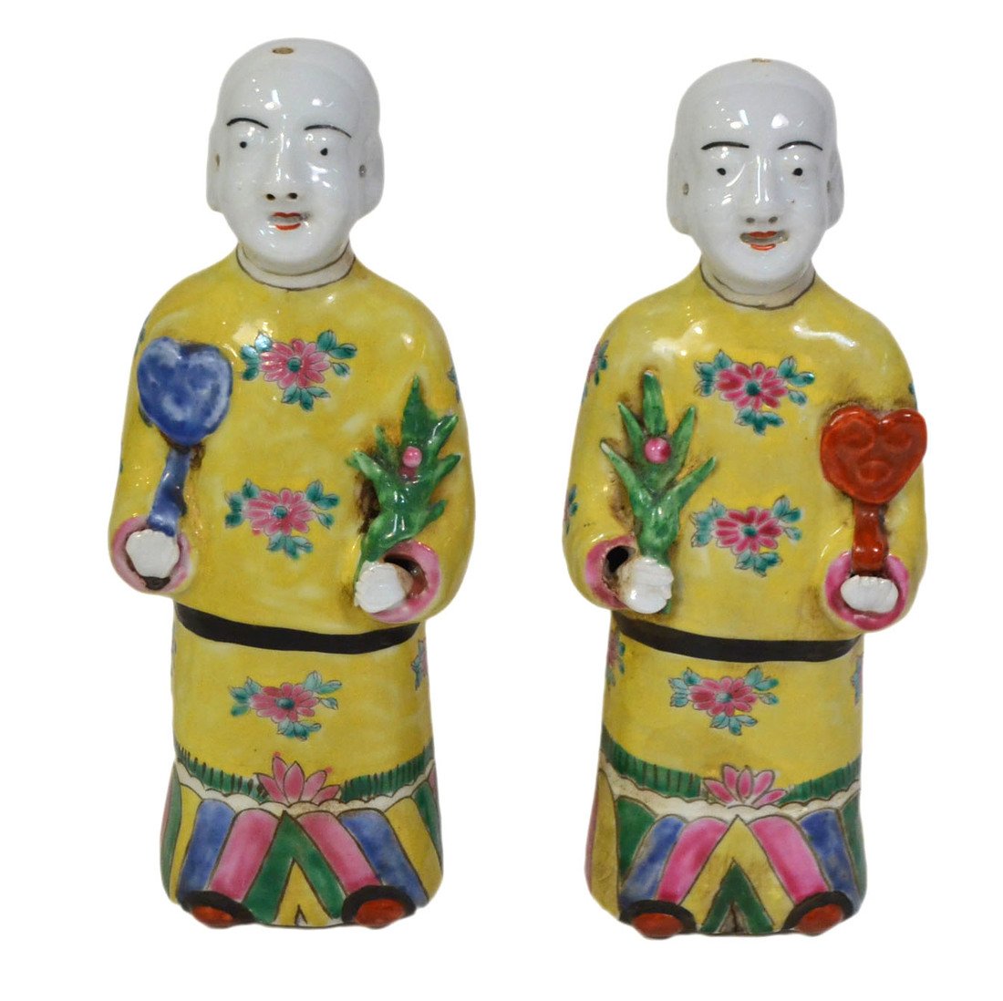 Pair of Chinese Porcelain Figures: Each male figure wearing yellow robe with polychrome enamel decoration, and holding scepter and flower. [8" H]. Good condition.