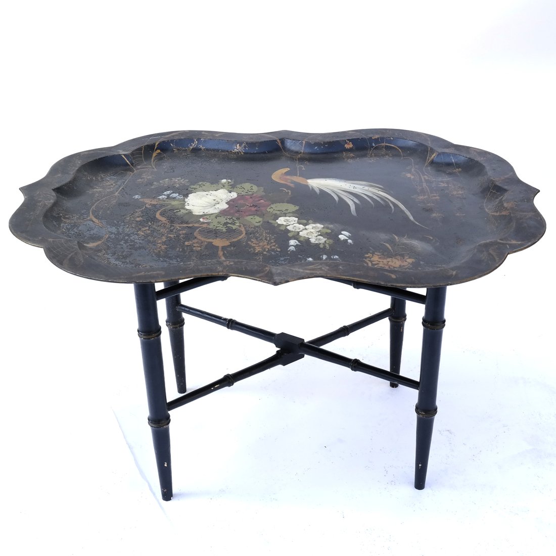 Tole Tray and Stand: Scallop-form tole tray with bird and flower decor on stand. [19" H x 31" W x 24 1/2" D]. Paint chips and heavy surface grime.