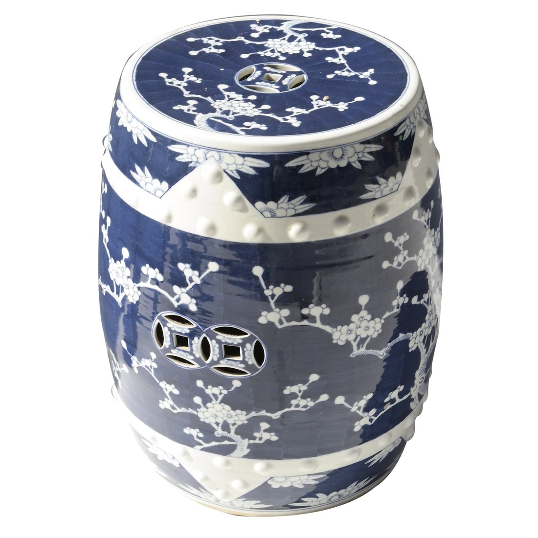 Chinese Porcelain Garden Seat: Late 20th century, barrell form, painted with prunis and hawthorn blossoming branches, pierced with mon-form cartouches. [18 1/4" H, 14 1/2" greatest Dia]. In good condition.