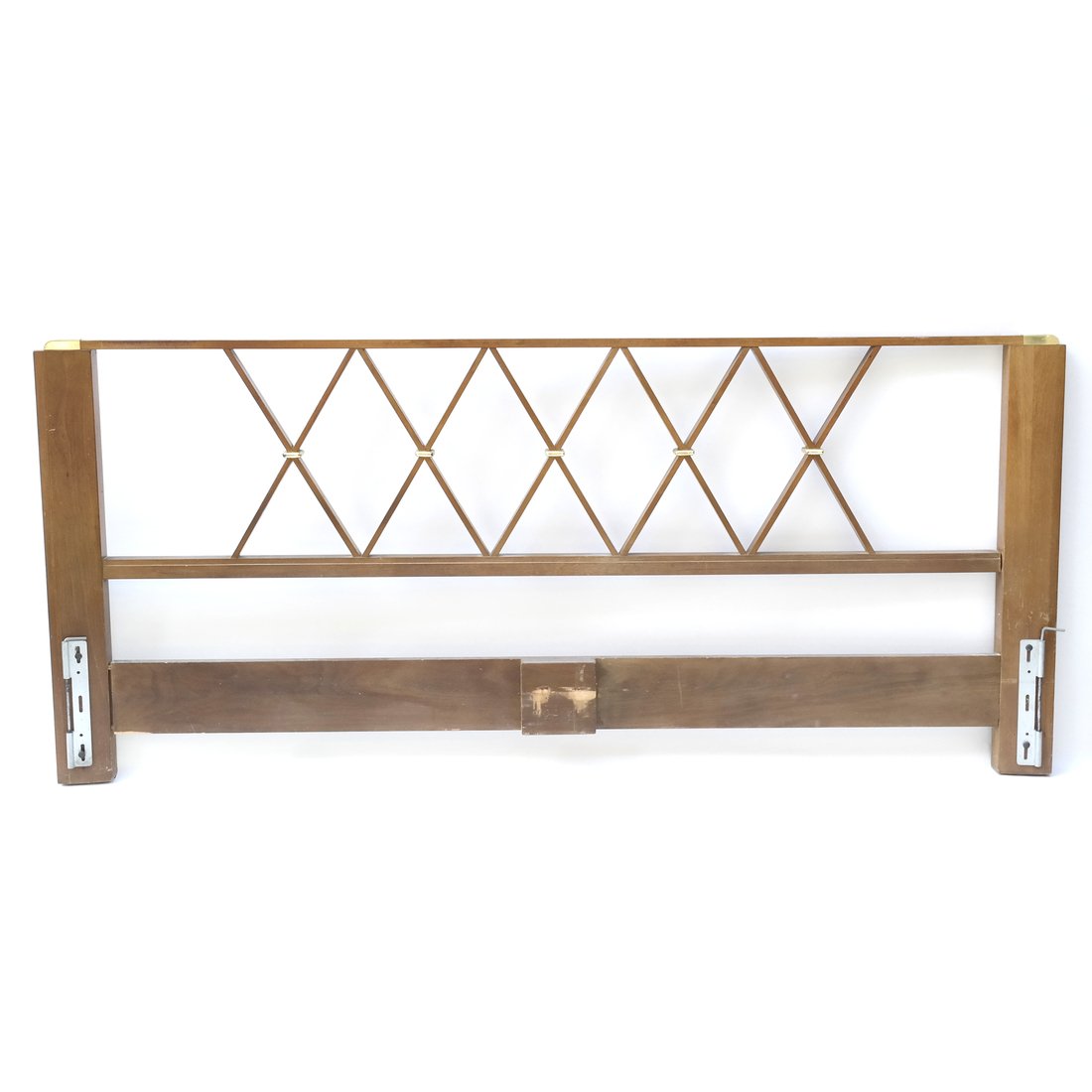 Brass and Metal Modern Headboard: Modern headboard featuring diamond shaped pattern. [81" L x 36" H]. Scratched and scuffed with marks.