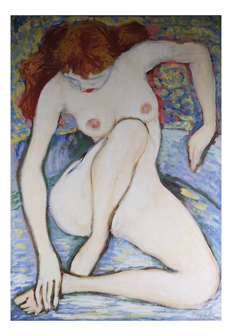 Zygmunt Mazur, Nude, Oil on Board: Zygmunt Mazur (Polish) nude oil on board, signed illegibly lower right. [Sight: 39" H x 37" W; Frame: 45" H x 34" W]. In fair condition, with surface grime.