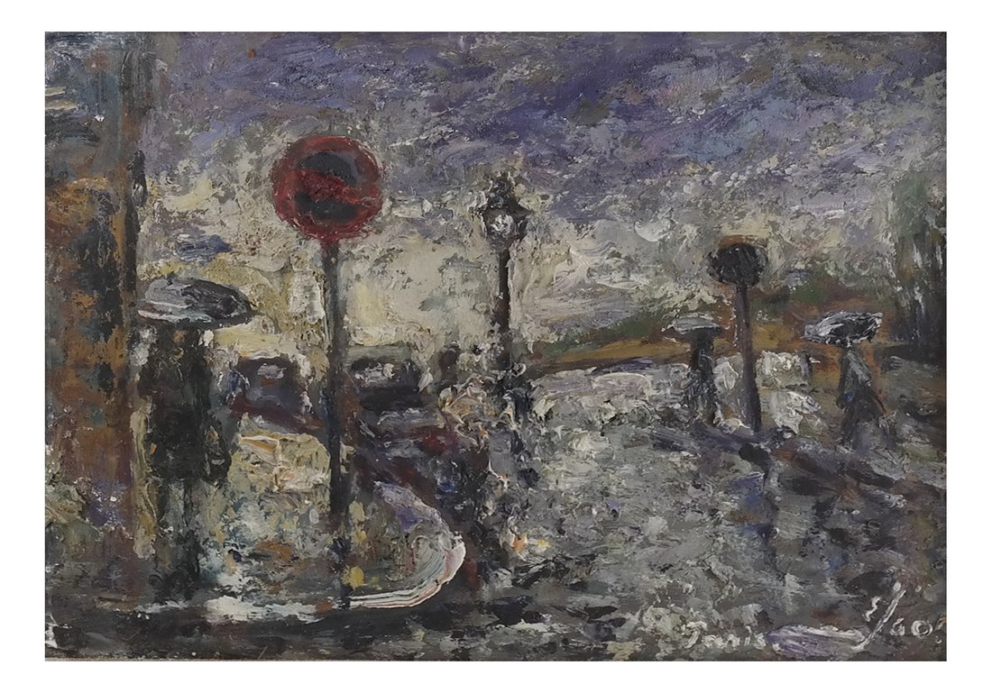 Einer Johansen Street Scene,Oil Painting: Einer Osvald Johansen (Danish 1893-1965) Signed in the lower right "Paris EJ' Go" Oil on masonite, label on verso. [Art:12" H x 16" W; Frame: 17 3/4" H x 21 1/2" W]. In good condition, the frame liner