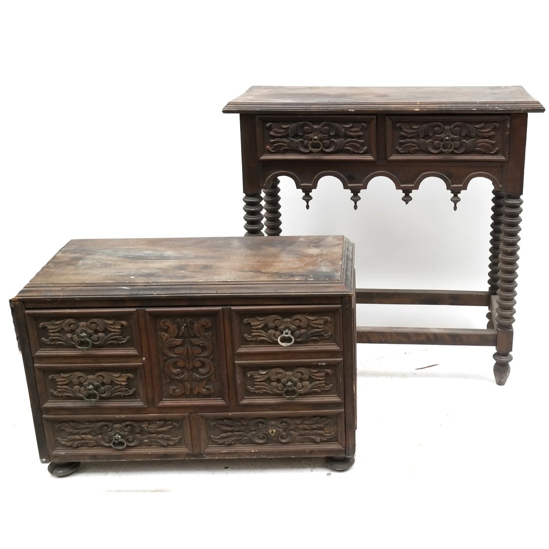 Carved Two Drawer Table & a Carved Low Chest (1 of 10)