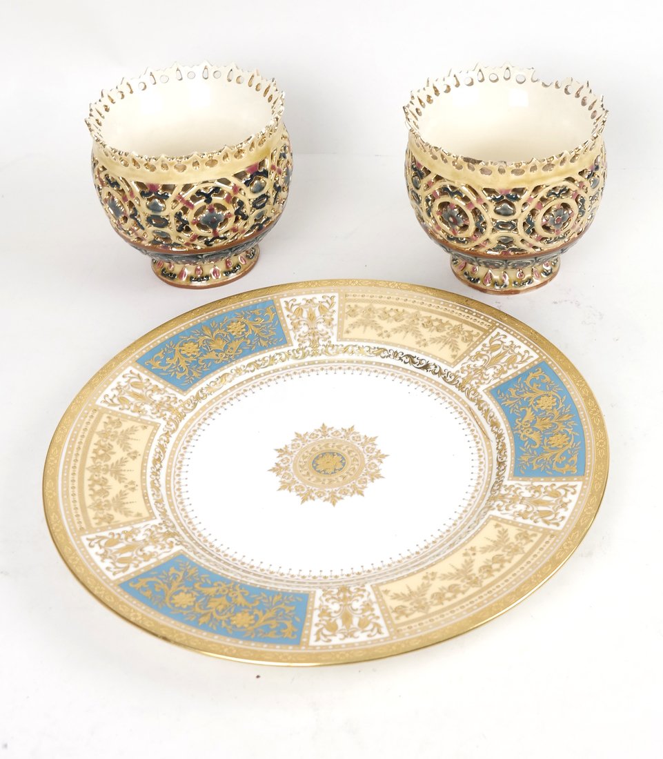 Bone China, Porcelain Group, 3 Pieces: Comprises: 1.) Minton bone china plate with gilt, made for Tiffany & Co., NY. [10 1/2" Dia]. In good condition. 2.) Pair of reticulated Hungarian porcelain bowls with impressed mark "PECS" Zsolary. On