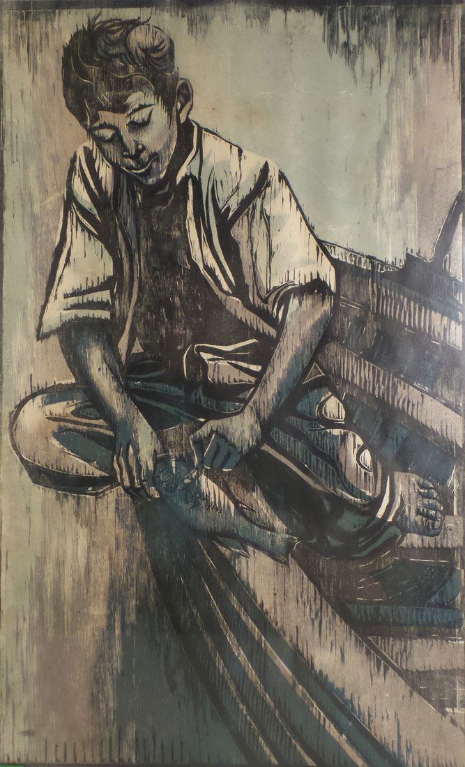 Moshe Gat, Boy Getting a Fish, Woodcut: Moshe Gat (Israeli, b.1935), "Boy getting a fish". Woodcut signed in pencil in lower right. [Sight: 35 3/4" H x 23" W; Frame: 39" H x 26" W]. In good condition, unexamined out of frame.